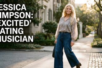 Jessica Simpson smiling at an event in Los Angeles, representing her "great place" following her split.