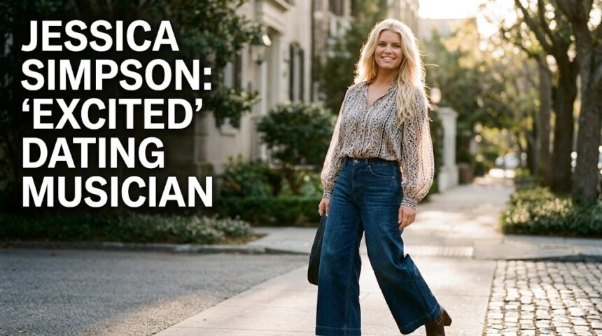 Jessica Simpson smiling at an event in Los Angeles, representing her "great place" following her split.