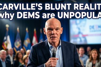 James Carville speaking at a forum, gesturing emphatically about Democratic election strategy.