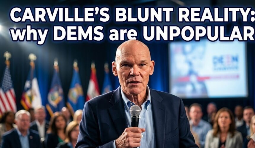 James Carville speaking at a forum, gesturing emphatically about Democratic election strategy.