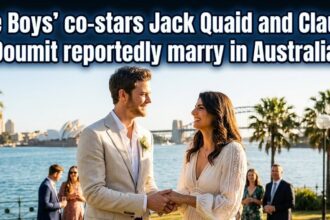 A digital social media analytics overlay juxtaposed against a candid photograph of actors Jack Quaid and Claudia Doumit celebrating at an intimate destination venue in Australia.