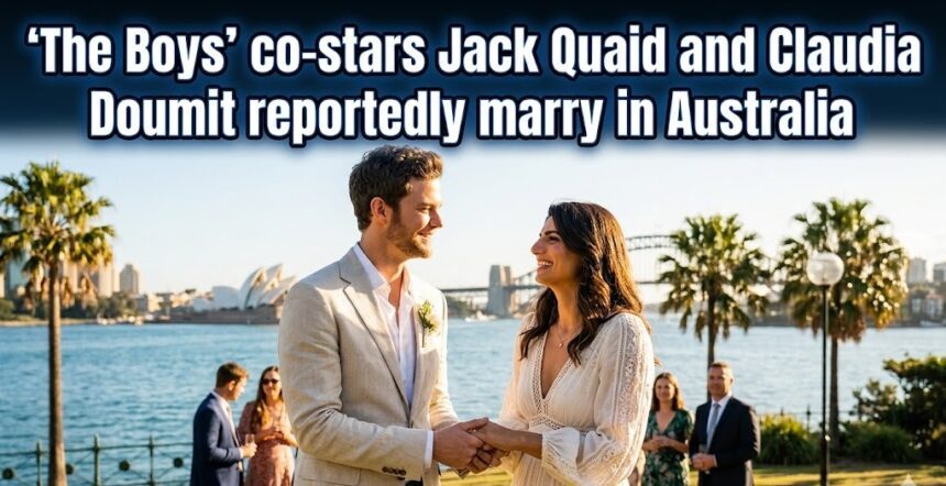 A digital social media analytics overlay juxtaposed against a candid photograph of actors Jack Quaid and Claudia Doumit celebrating at an intimate destination venue in Australia.