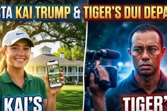 Kai Trump smiling while posing for a photo with professional golfer Bryson DeChambeau at the Augusta National Golf Club during the 2026 Masters.