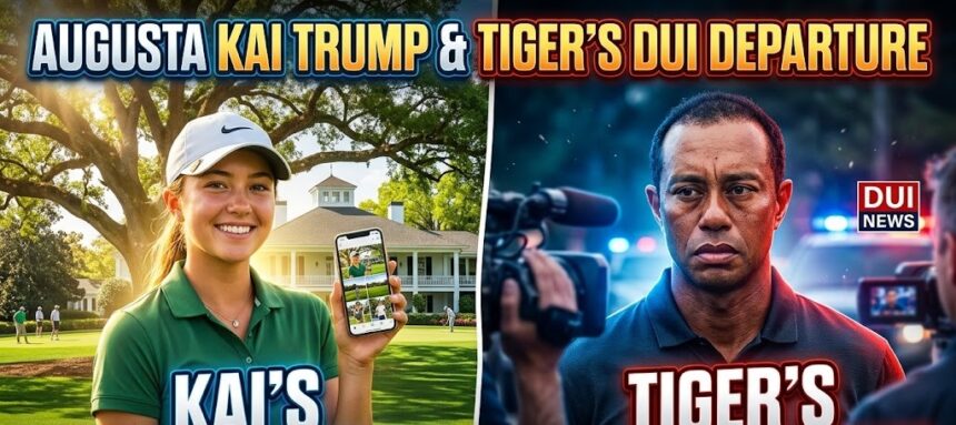 Kai Trump smiling while posing for a photo with professional golfer Bryson DeChambeau at the Augusta National Golf Club during the 2026 Masters.