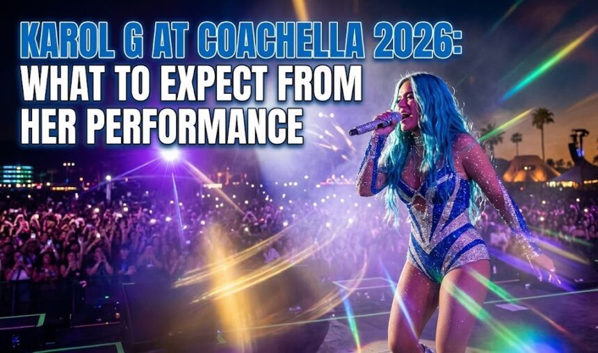 Karol G performing passionately on stage at the Coachella Valley Music and Arts Festival.