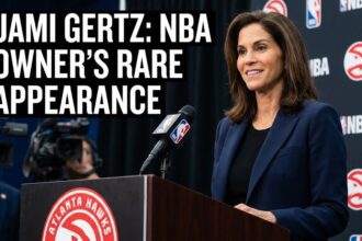 A digital composite showing Jami Gertz at the LACMA gala overlaid with financial graphs representing the rising valuation of the Atlanta Hawks franchise.