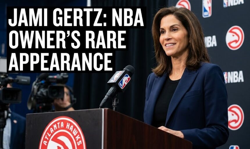 A digital composite showing Jami Gertz at the LACMA gala overlaid with financial graphs representing the rising valuation of the Atlanta Hawks franchise.