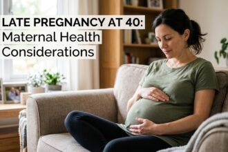 A medical infographic detailing the physiological changes and required monitoring protocols for an Advanced Maternal Age (AMA) pregnancy.