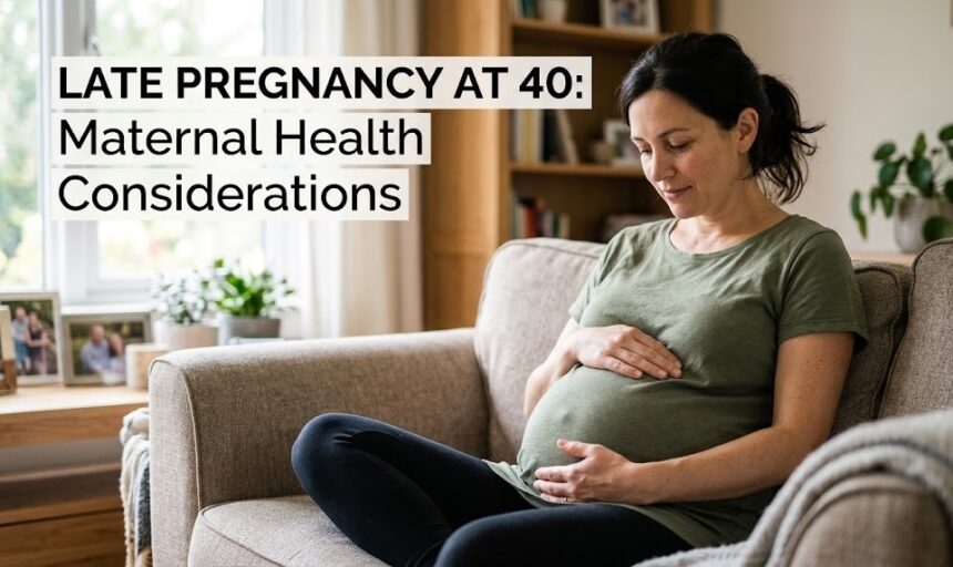 A medical infographic detailing the physiological changes and required monitoring protocols for an Advanced Maternal Age (AMA) pregnancy.