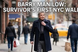 A candid photograph of 82-year-old music legend Barry Manilow smiling while walking the streets of New York City, marking his first public appearance since his lung surgery.