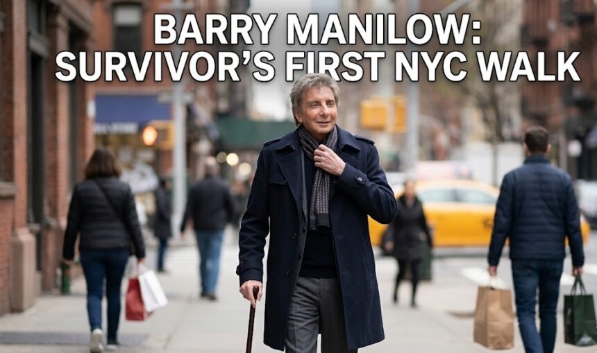 A candid photograph of 82-year-old music legend Barry Manilow smiling while walking the streets of New York City, marking his first public appearance since his lung surgery.