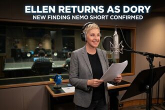 A digital split-screen graphic showing Ellen DeGeneres smiling confidently on the left, paired with a high-resolution 3D render of the blue tang fish character, Dory, on the right.