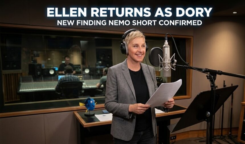 A digital split-screen graphic showing Ellen DeGeneres smiling confidently on the left, paired with a high-resolution 3D render of the blue tang fish character, Dory, on the right.
