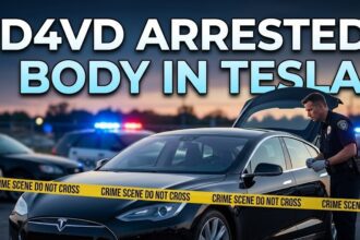 Yellow crime scene tape surrounding a dark Tesla vehicle in an impound lot.