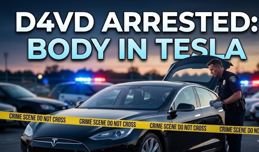 Yellow crime scene tape surrounding a dark Tesla vehicle in an impound lot.