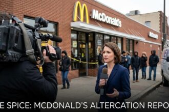 A still frame from surveillance footage showing Ice Spice in a gray hoodie during the Hollywood McDonald's incident.