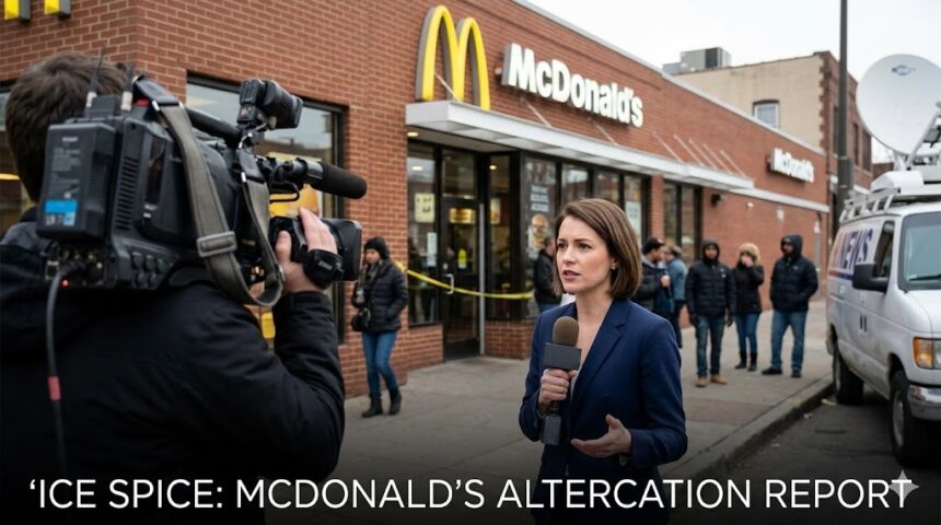 A still frame from surveillance footage showing Ice Spice in a gray hoodie during the Hollywood McDonald's incident.