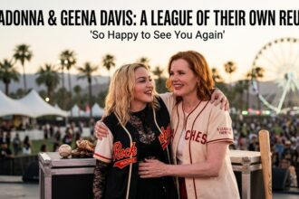 A backstage photograph of actors Geena Davis and Madonna smiling together at the 2026 Coachella Valley Music and Arts Festival, evoking nostalgia for their 1992 film A League of Their Own.