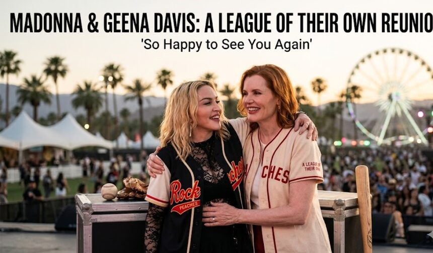 A backstage photograph of actors Geena Davis and Madonna smiling together at the 2026 Coachella Valley Music and Arts Festival, evoking nostalgia for their 1992 film A League of Their Own.