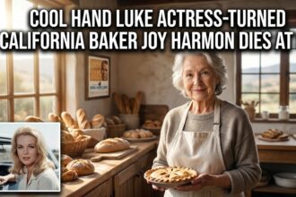 Actress Joy Harmon smiling brightly during a scene from her early Hollywood career.
