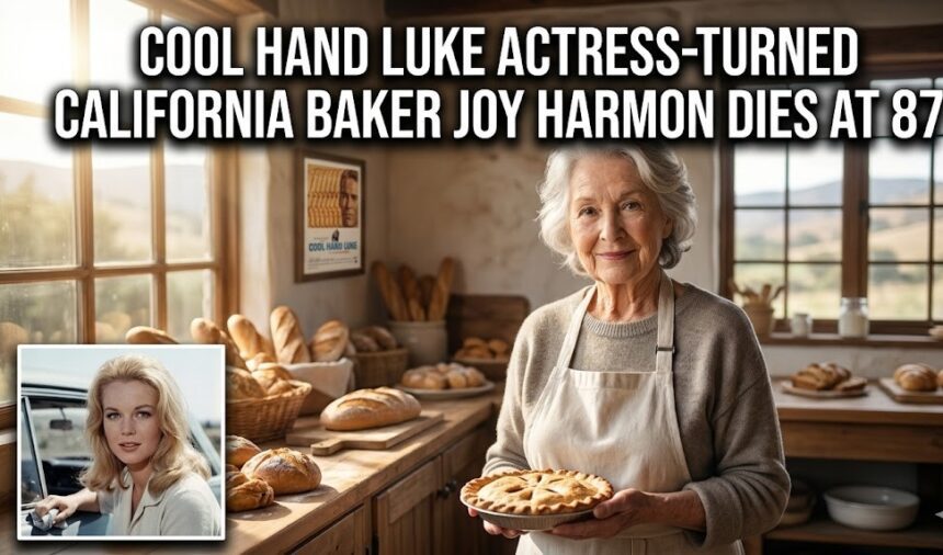 Actress Joy Harmon smiling brightly during a scene from her early Hollywood career.