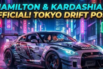 Lewis Hamilton and Kim Kardashian inside a red Ferrari F40 at the Daikoku Parking Area in Tokyo.