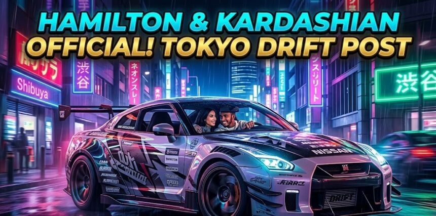 Lewis Hamilton and Kim Kardashian inside a red Ferrari F40 at the Daikoku Parking Area in Tokyo.