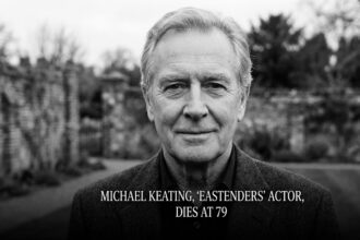 A vintage BBC broadcast camera pointed toward an empty, brightly lit stage, symbolizing the extensive television career and enduring legacy of British actor Michael Keating.