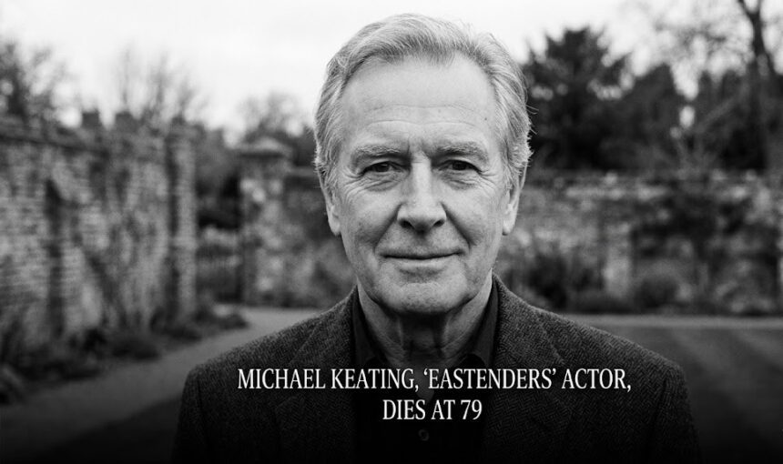A vintage BBC broadcast camera pointed toward an empty, brightly lit stage, symbolizing the extensive television career and enduring legacy of British actor Michael Keating.