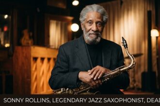A classic black-and-white portrait of legendary jazz musician Sonny Rollins passionately playing his tenor saxophone during a live performance in the late 1950s.