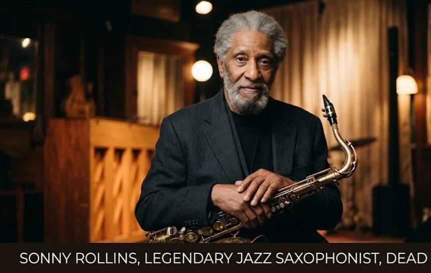 A classic black-and-white portrait of legendary jazz musician Sonny Rollins passionately playing his tenor saxophone during a live performance in the late 1950s.