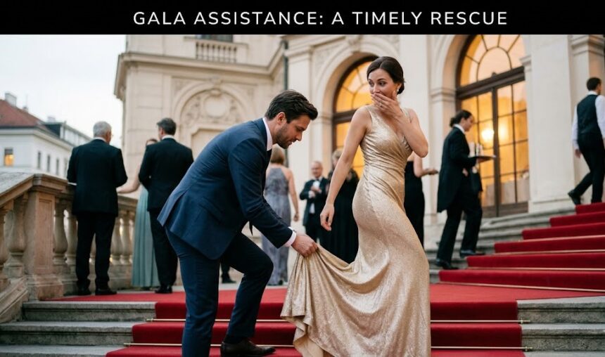 John Legend kneeling on the blue carpet at the 2026 American Music Awards to help untangle Chrissy Teigen's beaded orange gown from her gold heel.