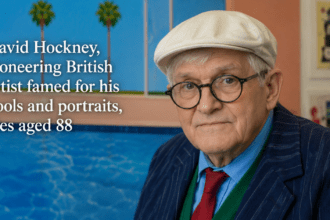 A photograph of painter David Hockney smiling warmly, wearing his signature thick-rimmed round spectacles and a tailored suit jacket.
