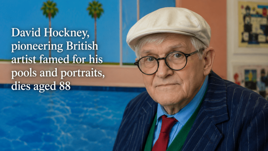 A photograph of painter David Hockney smiling warmly, wearing his signature thick-rimmed round spectacles and a tailored suit jacket.