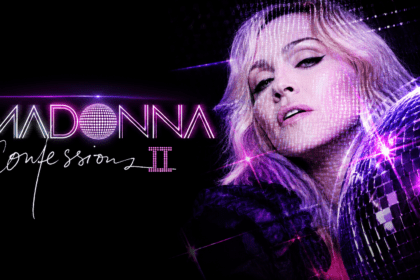A side-by-side comparison showcasing Madonna in a vibrant pink custom Dolce & Gabbana corset during her 2026 Times Square performance alongside her original 2005 look.