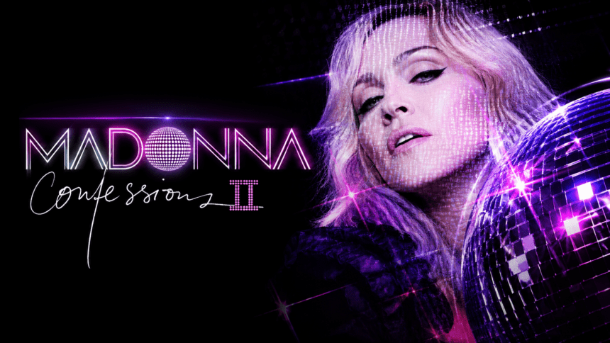 A side-by-side comparison showcasing Madonna in a vibrant pink custom Dolce & Gabbana corset during her 2026 Times Square performance alongside her original 2005 look.