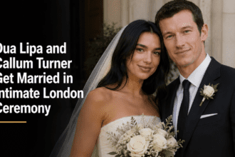 Dua Lipa and Callum Turner walking hand-in-hand outside the Old Marylebone Town Hall in London, showcasing their wedding attire and intimate aesthetic.