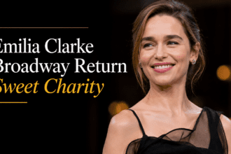 Close-up of a classic vintage theater spotlight shining on an empty wooden stage with a deep red velvet curtain background.