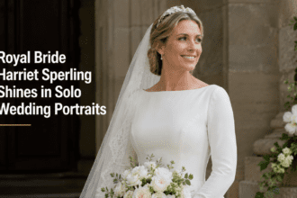 A stunning portrait of a royal bride in a high-neck white lace gown and cathedral-length veil, standing gracefully against a lush green garden backdrop.