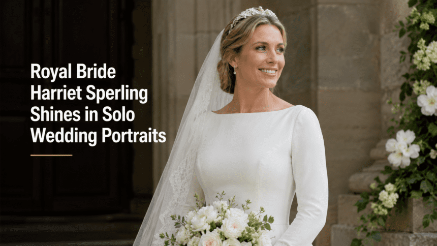 A stunning portrait of a royal bride in a high-neck white lace gown and cathedral-length veil, standing gracefully against a lush green garden backdrop.