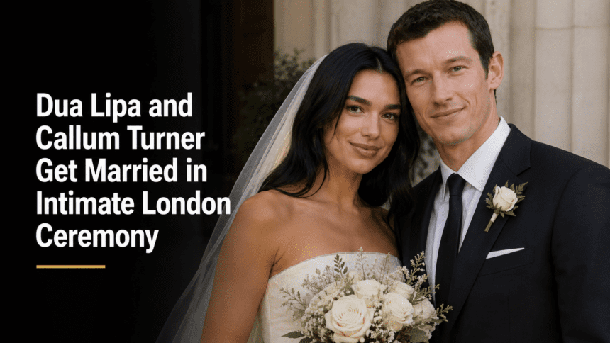 Dua Lipa and Callum Turner walking hand-in-hand outside the Old Marylebone Town Hall in London, showcasing their wedding attire and intimate aesthetic.