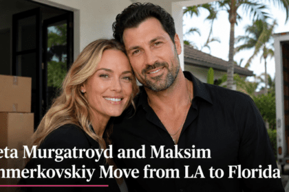 Peta Murgatroyd and Maksim Chmerkovskiy posing together, marking their transition to their new home in Florida.