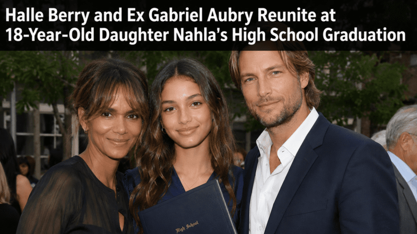 Halle Berry and Gabriel Aubry attending their daughter Nahla's high school graduation, highlighting coordinated yet distinct personal styling.