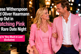 Reese Witherspoon and Oliver Haarmann posing on the red carpet at the Elle premiere in coordinated pink outfits, smiling at photographers.