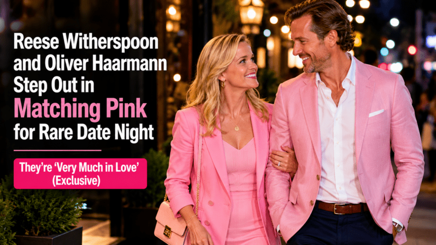Reese Witherspoon and Oliver Haarmann posing on the red carpet at the Elle premiere in coordinated pink outfits, smiling at photographers.