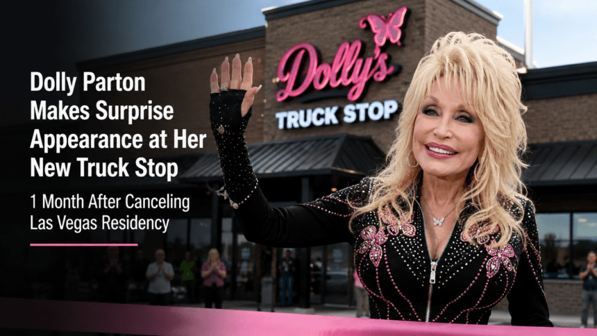 Dolly Parton smiling while cutting a ribbon with large bedazzled pink scissors in front of her new Tennesseean travel stop.