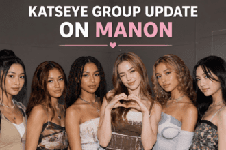 A professional group photo of the KATSEYE members Sophia, Daniela, Lara, Megan, and Yoonchae, reflecting their current five-member promotional phase.
