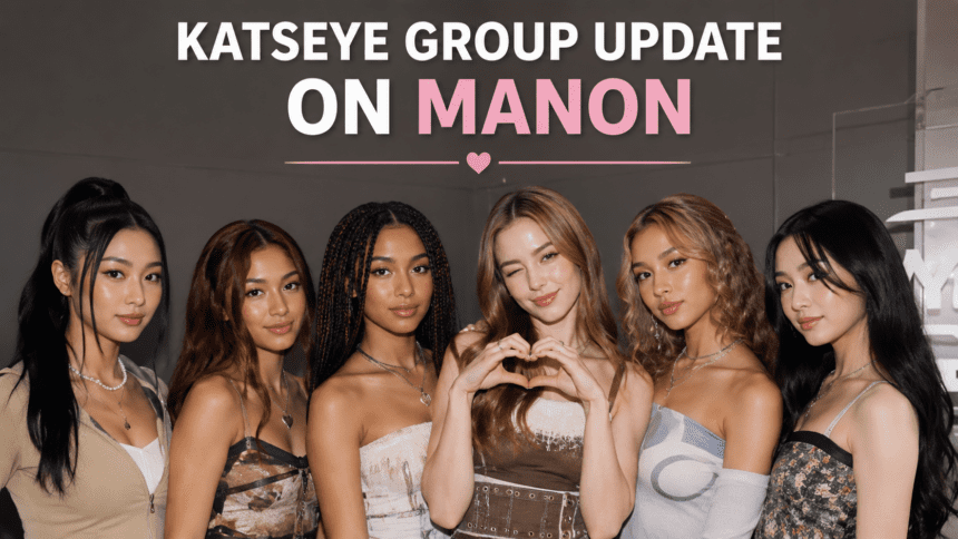A professional group photo of the KATSEYE members Sophia, Daniela, Lara, Megan, and Yoonchae, reflecting their current five-member promotional phase.