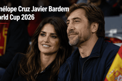 Javier Bardem and Penélope Cruz cheering in the stands at SoFi Stadium during a 2026 FIFA World Cup match.