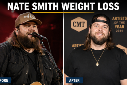A side-by-side comparison of country singer Nate Smith from November 2022 and June 2026 showing his physical transformation.
